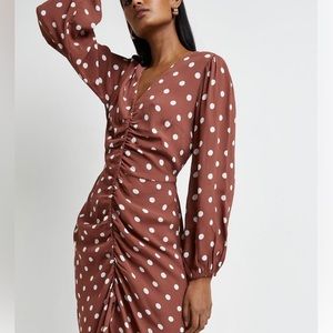Brown Polka Dot Ruched Midi Dress | Womens River Island Dresses